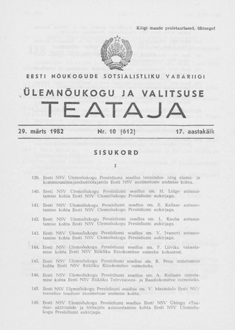 Eesti Nõukogude Sotsialistliku Vabariigi Ülemnõukogu ja Valitsuse Teataja ; 10 (612) 1982-03-29