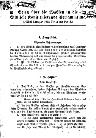 Gesetz über die Wahlen in die Estnische Konstituierende Versammlung (Riigi Teataja 1918 Nr. 2 und Nr. 3)
