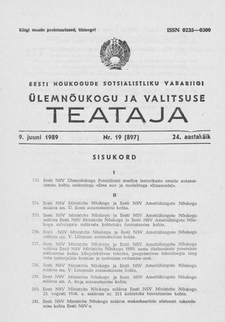 Eesti Nõukogude Sotsialistliku Vabariigi Ülemnõukogu ja Valitsuse Teataja ; 19 (897) 1989-06-09