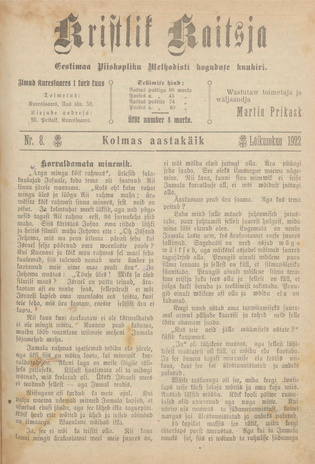 Kristlik Kaitsja : Eesti metodistide häälekandja ; 8 1922-08