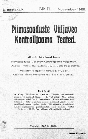 Piimasaaduste Väljaveo Kontrolljaama Teated ; 11 1929-11