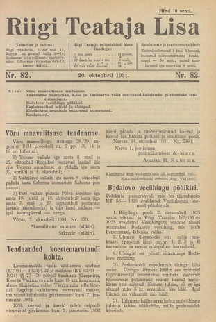 Riigi Teataja Lisa : seaduste alustel avaldatud teadaanded ; 82 1931-10-20