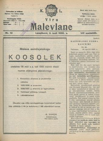 K. L. Viru Malevlane ; 12 1936-05-02