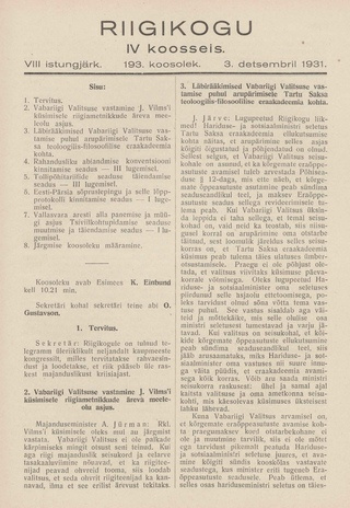 Riigikogu IV koosseis : täielikud protokollid : VIII istungjärk : protokoll nr. 193