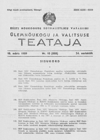 Eesti Nõukogude Sotsialistliku Vabariigi Ülemnõukogu ja Valitsuse Teataja ; 10 (888) 1989-03-10