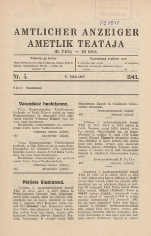 Ametlik Teataja. III osa = Amtlicher Anzeiger. III Teil ; 5 1943-02-08