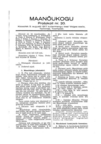 Maanõukogu protokoll nr.20 (3. august 1917)