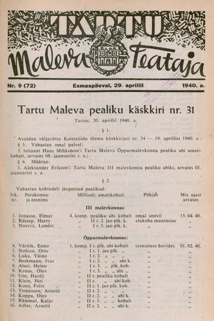 Tartu Maleva Teataja ; 9 (72) 1940-04-29