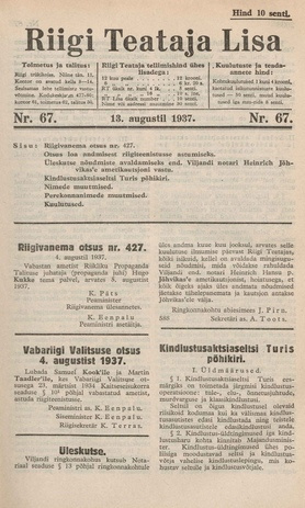 Riigi Teataja Lisa : seaduste alustel avaldatud teadaanded ; 67 1937-08-13