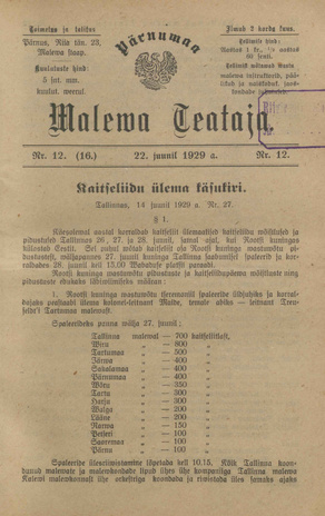 Pärnumaa Maleva Teataja ; 12 (16) 1929-06-22