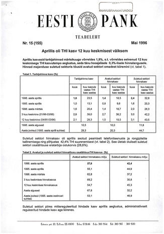 Eesti Pank : teabeleht ; 15 (155) 1996-05