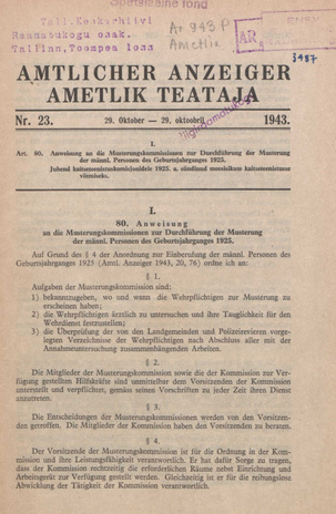 Ametlik Teataja. I/II osa = Amtlicher Anzeiger. I/II Teil ; 23 1943-10-29