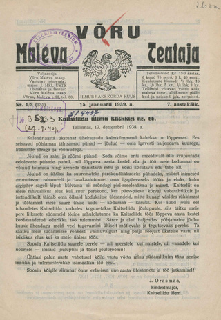 Võru Maleva Teataja ; 1/2 (135) 1939-01-15
