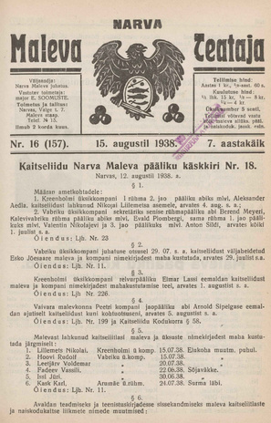 Narva Maleva Teataja ; 16 (157) 1938-08-15
