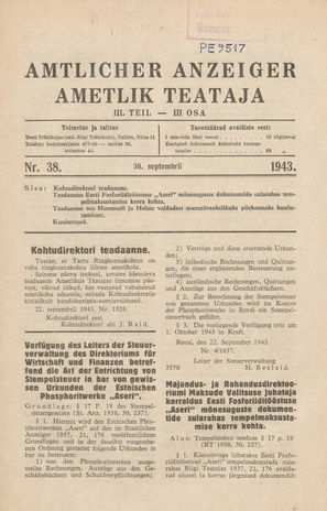 Ametlik Teataja. III osa = Amtlicher Anzeiger. III Teil ; 38 1943-09-30