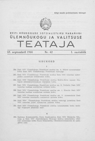 Eesti Nõukogude Sotsialistliku Vabariigi Ülemnõukogu ja Valitsuse Teataja ; 42 1966-09-17