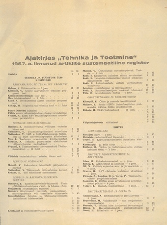 Tehnika ja Tootmine ; sisukord 1957