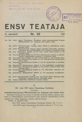 Eesti NSV Teataja ; 29 1940-10-21