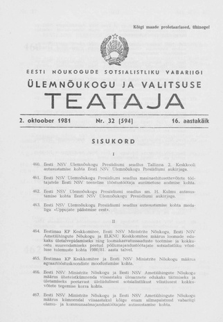 Eesti Nõukogude Sotsialistliku Vabariigi Ülemnõukogu ja Valitsuse Teataja ; 32 (594) 1981-10-02