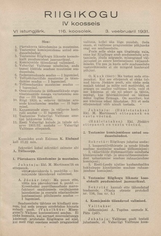 Riigikogu IV koosseis : täielikud protokollid : VI istungjärk : protokoll nr. 116