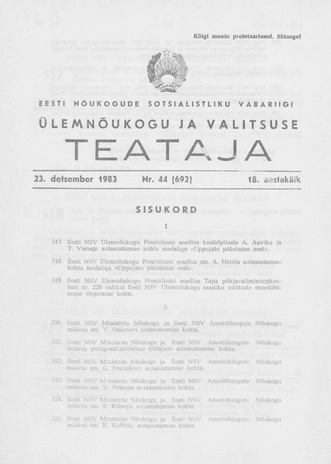 Eesti Nõukogude Sotsialistliku Vabariigi Ülemnõukogu ja Valitsuse Teataja ; 44 (692) 1983-12-23