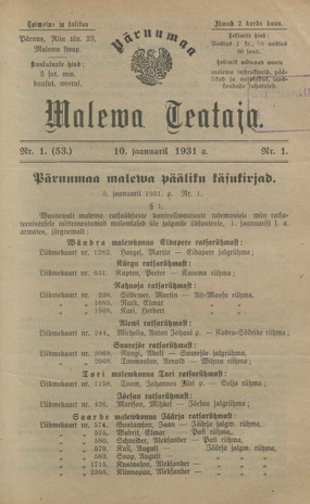 Pärnumaa Maleva Teataja ; 1 (53) 1931-01-10