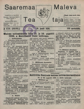 Saaremaa Maleva Teataja ; 17/18 (181/182) 1936-07-29