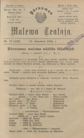 Pärnumaa Maleva Teataja ; 17 (129) 1934-09-12
