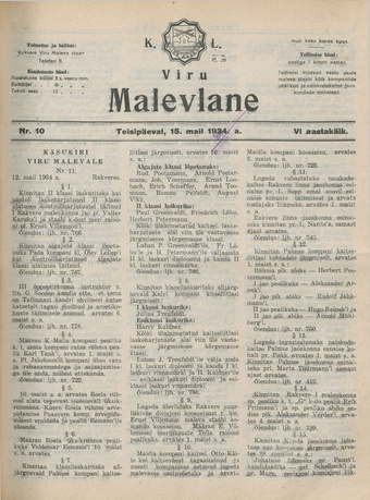 K. L. Viru Malevlane ; 10 1934-05-15