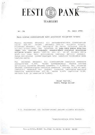 Eesti Pank : teabeleht ; 34 1994-05-31