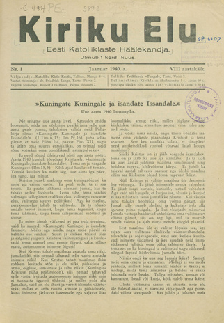 Kiriku Elu : Eesti Katoliiklaste Häälekandja ; 1 1940-01-01