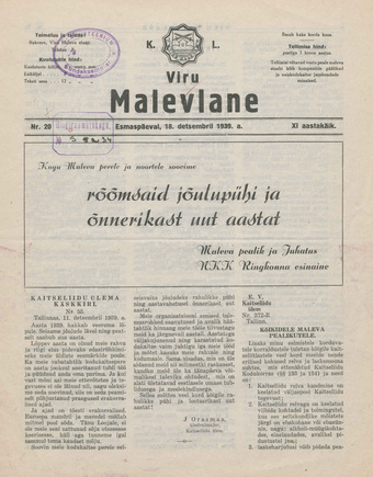 K. L. Viru Malevlane ; 20 1939-12-18