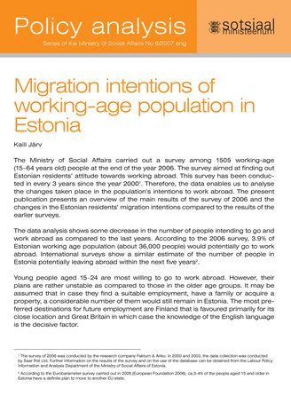 Migration intentions of working-age population in Estonia ; 8 (Series of the Ministry of Social Affairs. Policy analysis)