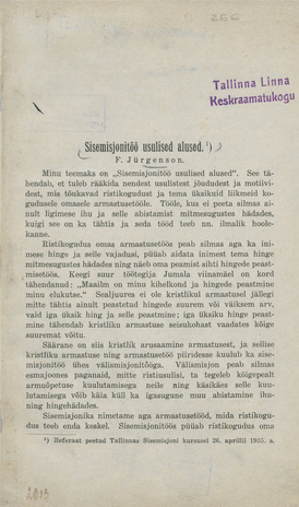 Sisemisjonitöö usulised alused : referaat peetud Tallinnas Sisemisjoni kursusel 26. aprillil 1935. a.  