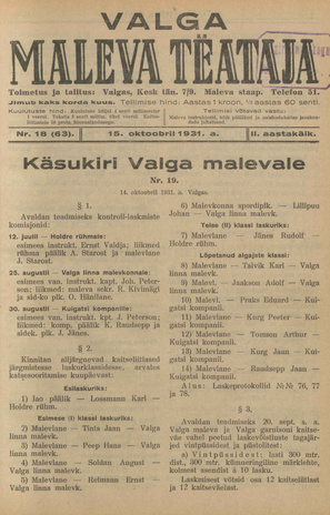 Valga Maleva Teataja ; 18 (63) 1931-10-15