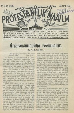 Protestantlik Maailm : Usu- ja kirikuküsimusi käsitlev vabameelne ajakiri ; 3 1937-03-23