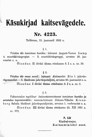 Käsukirjad kaitsevägedele : 1932 : nr. 4223-4300 : 15. jaan. - 22. dets.