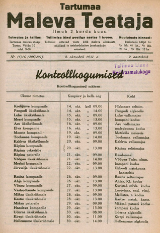 Tartumaa Maleva Teataja ; 15/16 (206/207) 1937-10-08