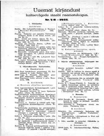 Uuemat Kirjandust Kaitsevägede Staabi raamatukogus ; 7-8 1932