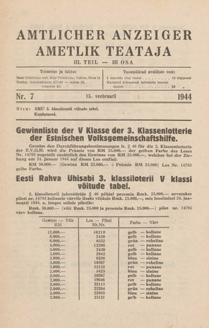 Ametlik Teataja. III osa = Amtlicher Anzeiger. III Teil ; 7 1944-02-15