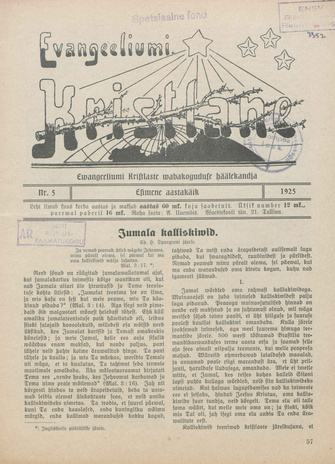Evangeeliumi Kristlane : Tallinna Immaanueli Evangeeliumi Kristlaste vabausuühingu häälekandja ; 5 1925