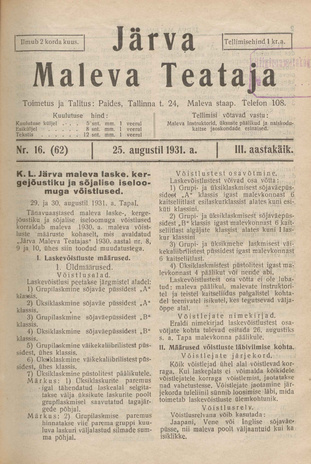 Järva Maleva Teataja ; 16 (62) 1931-08-25