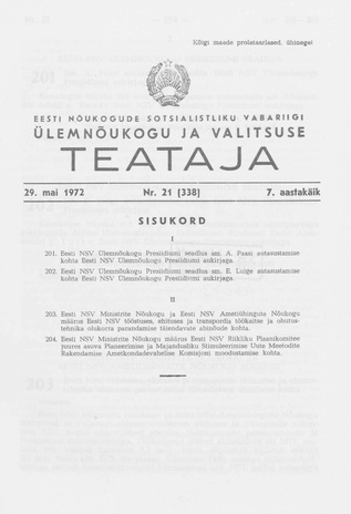 Eesti Nõukogude Sotsialistliku Vabariigi Ülemnõukogu ja Valitsuse Teataja ; 21 (338) 1972-05-29