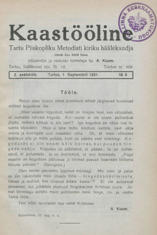 Kaastööline : Tartu Ühisabi Informatsioonileht ; 9 1931-09-01