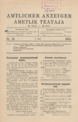 Ametlik Teataja. III osa = Amtlicher Anzeiger. III Teil ; 19 1943-05-04