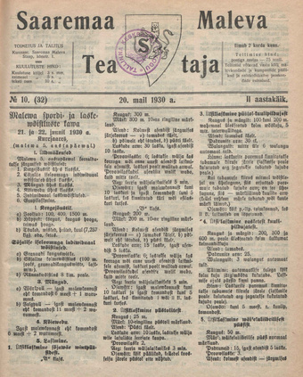 Saaremaa Maleva Teataja ; 10 (32) 1930-05-20