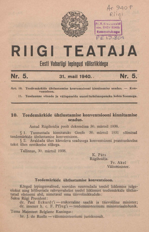 Riigi Teataja. Eesti Vabariigi lepingud välisriikidega ; 5 1940-05-31