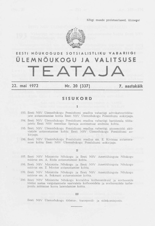 Eesti Nõukogude Sotsialistliku Vabariigi Ülemnõukogu ja Valitsuse Teataja ; 20 (337) 1972-05-22