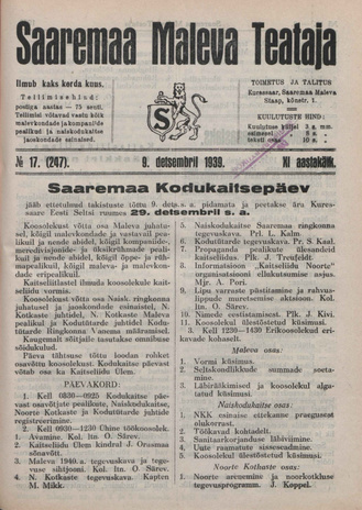 Saaremaa Maleva Teataja ; 17 (247) 1939-12-09