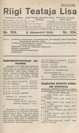 Riigi Teataja Lisa : seaduste alustel avaldatud teadaanded ; 104 1939-12-08